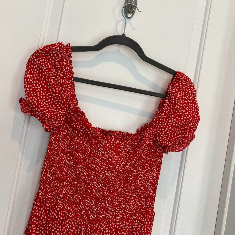 Reformation Lacey Midi Dress - Baila Red Cream Floral Puff Sleeves